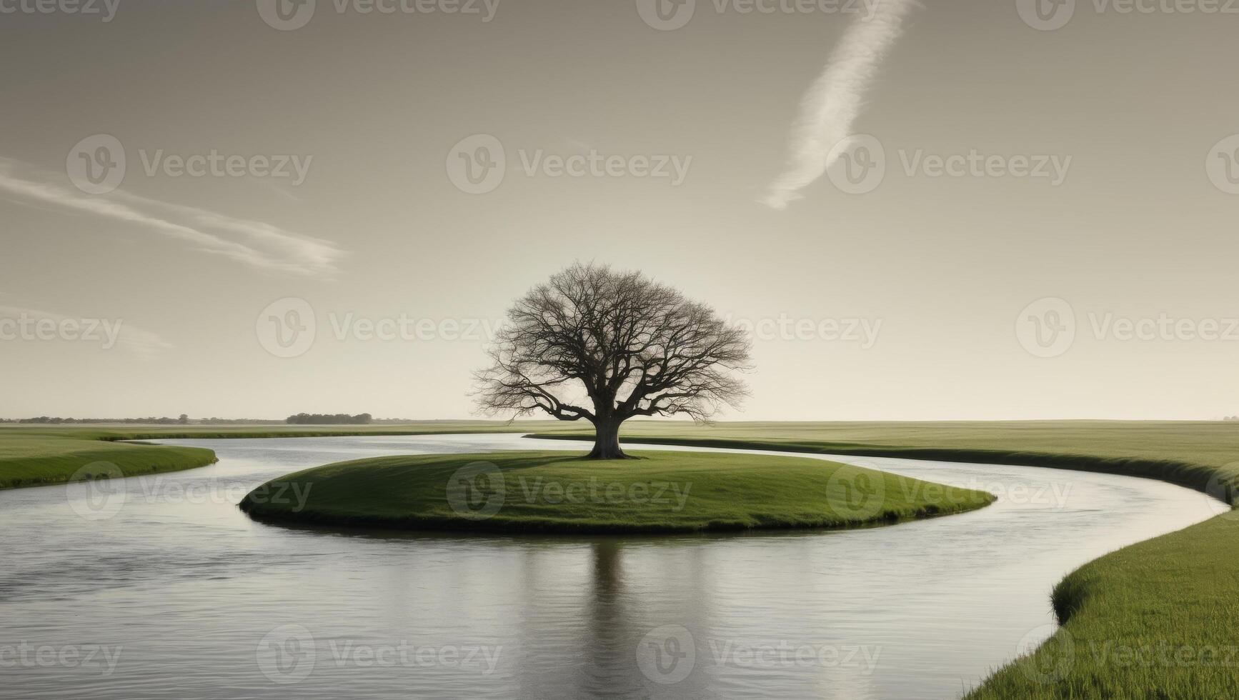A Solitary Tree on a Small Island with a Winding River. photo