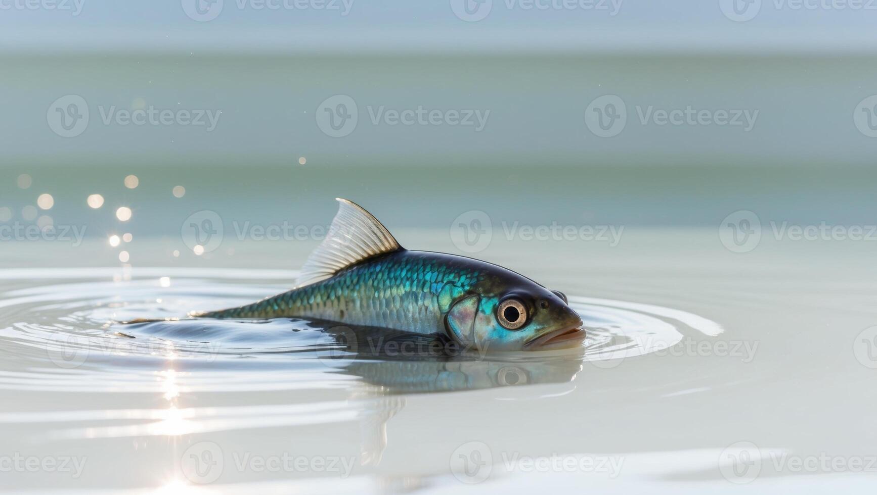 A tight shot of a fish with its head breaking the water's surface. photo