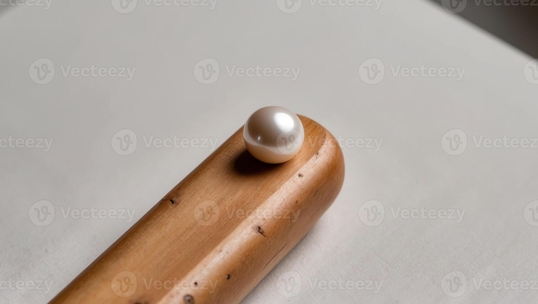 A tight shot of a wooden end with a pearl embedded in its center. photo