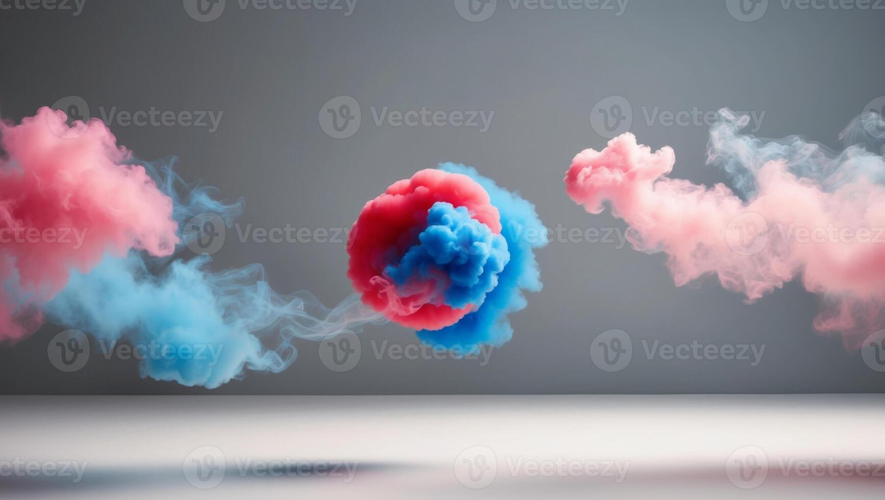 Blue and Pink Smoke Clouds on Gray Background with Red and Blue Middle Cloud. photo