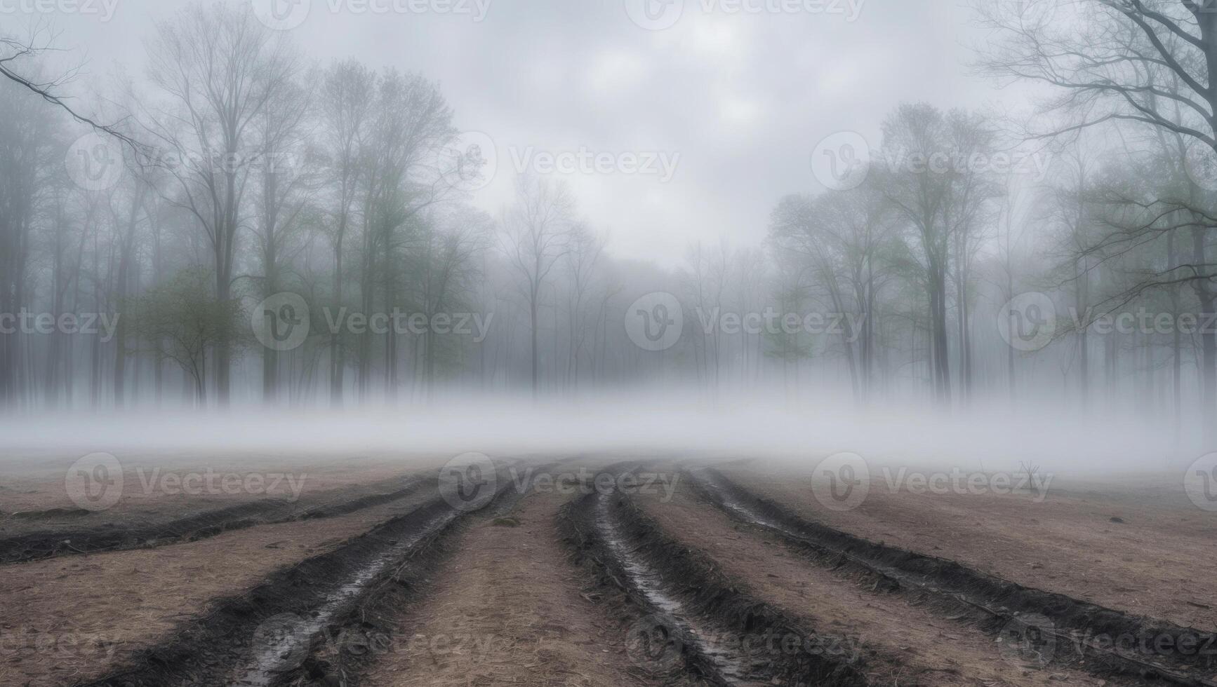 Cleared forest area with muddy tracks and fog under cloudy sky in the early morning. photo