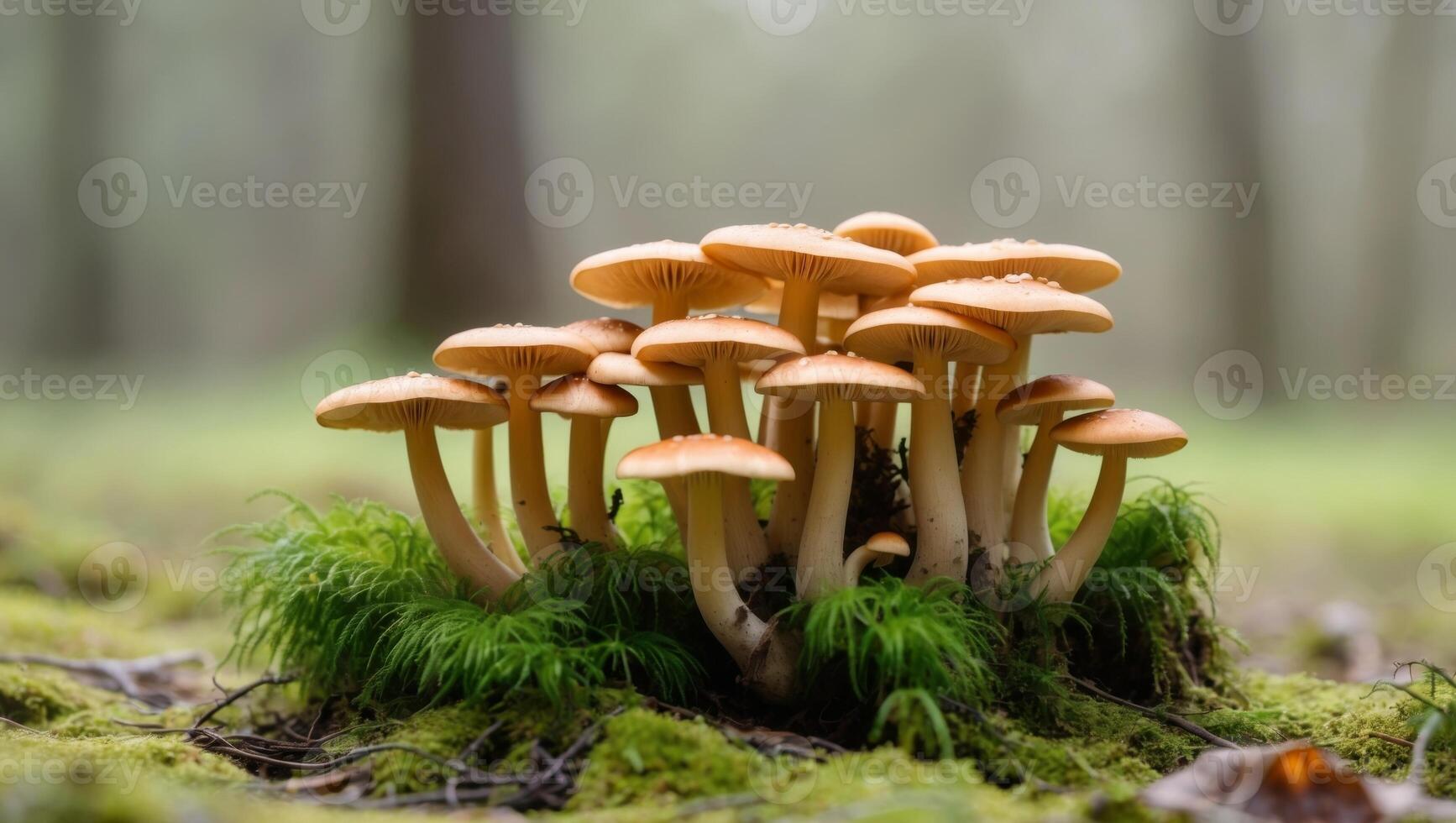 Cluster of golden mushrooms growing on moss in a forest clearing during daylight. photo