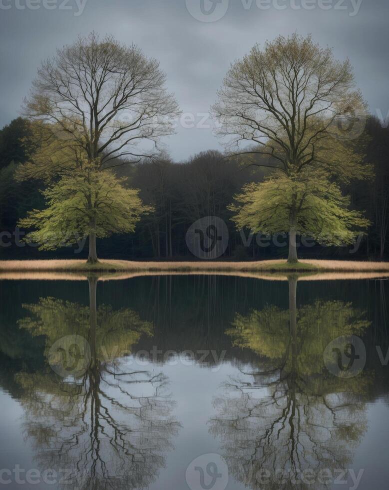 Two trees are reflected in a lake photo