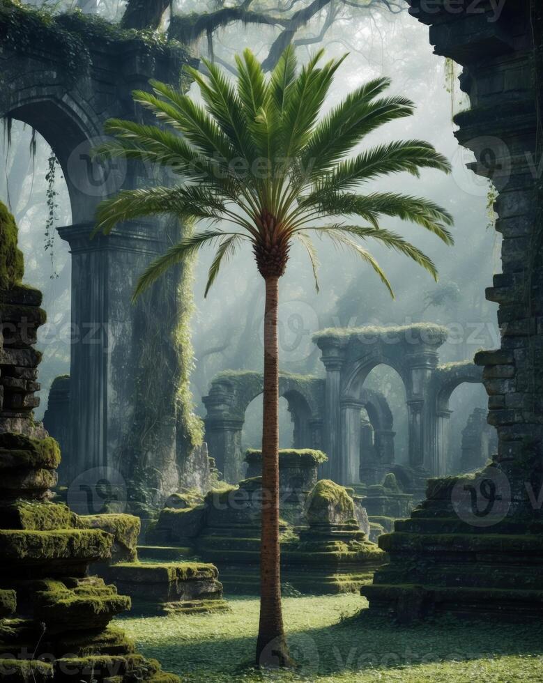Palm tree in the ruins of an ancient temple photo