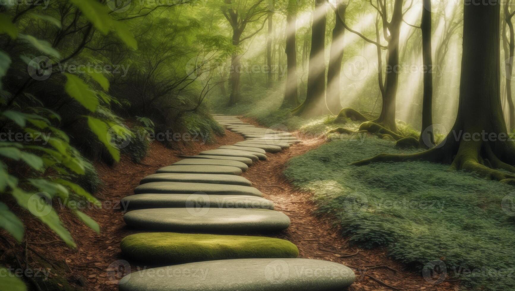 A path in the woods with stones and trees photo