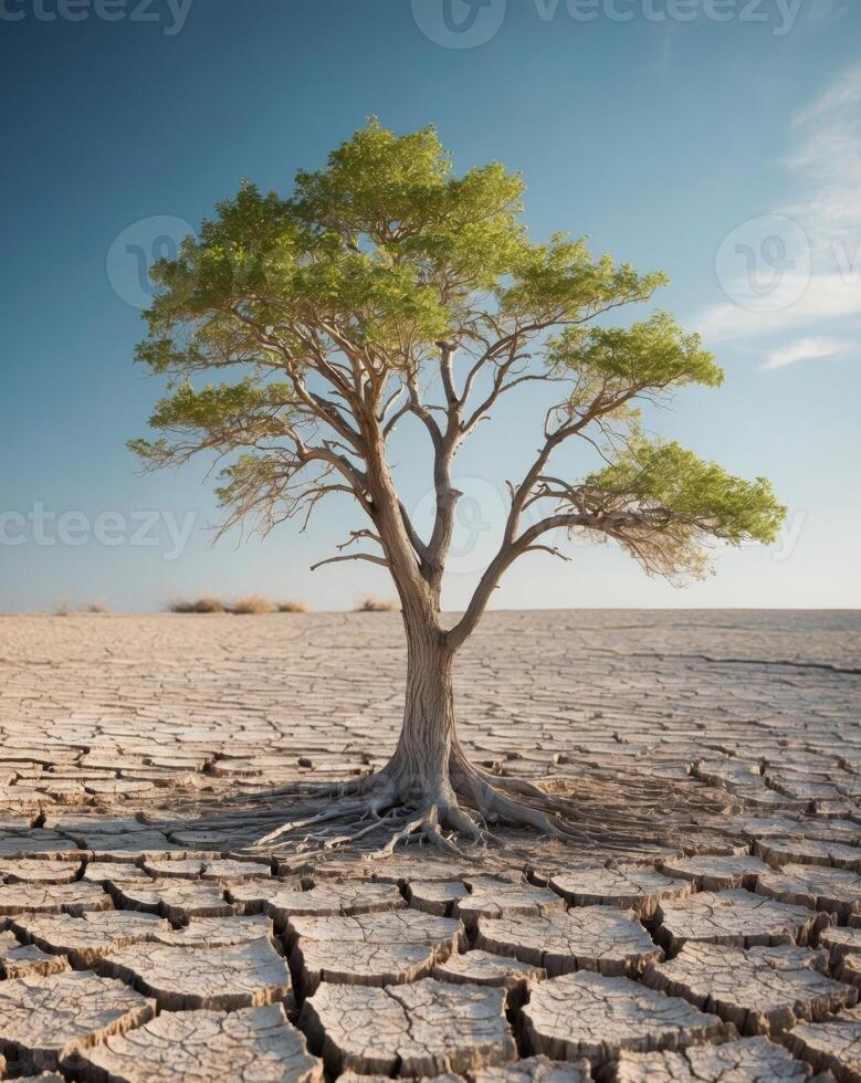 A tree is growing in the middle of a dry desert photo