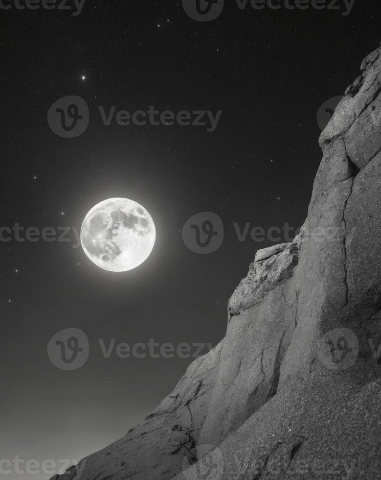 A black and white photo of the moon over a rocky cliff