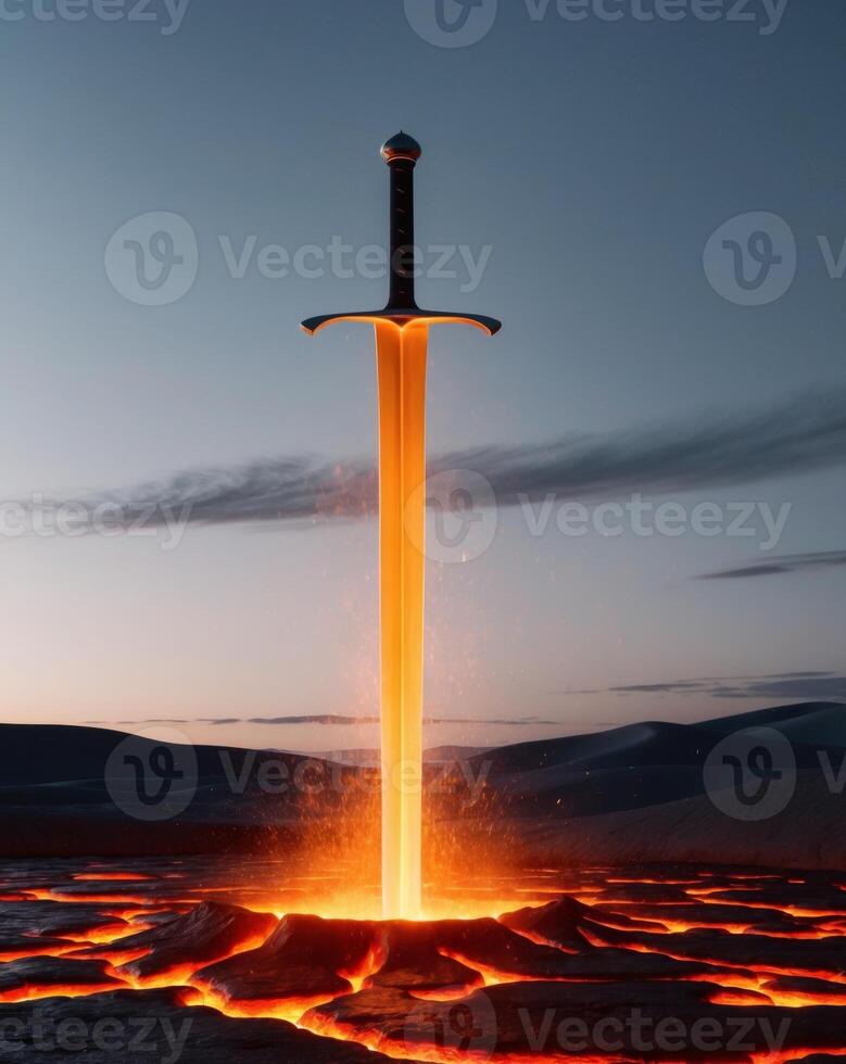Sword of fire on lava field with sunset background photo