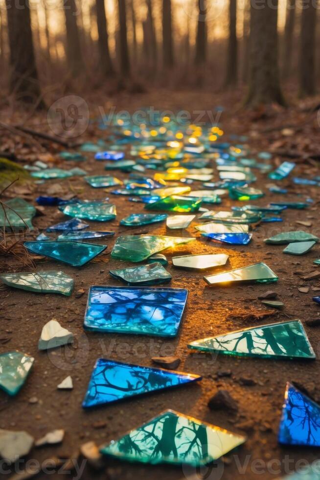 A path in the woods with broken glass pieces photo