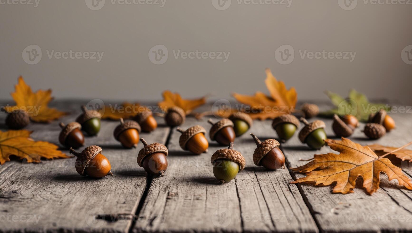 Autumn leaves and acorns on a wooden table photo