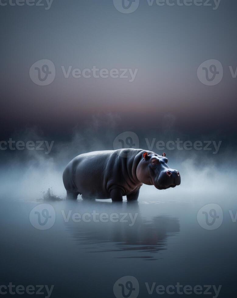 A hippo standing in the water with fog photo