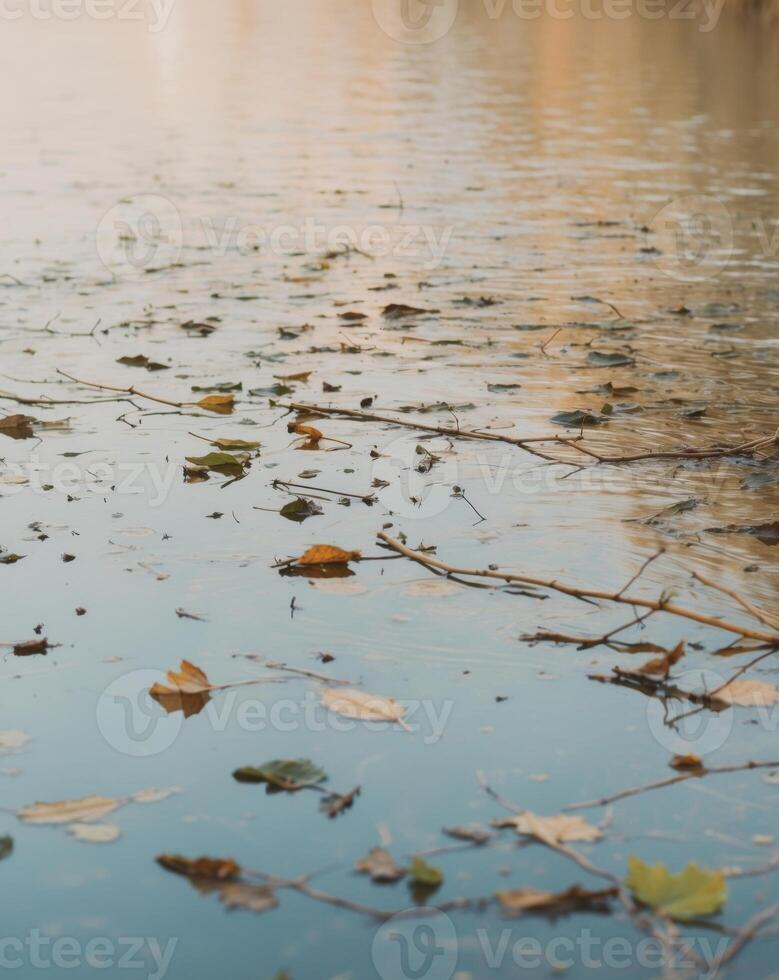 A bird is sitting on the water with leaves photo
