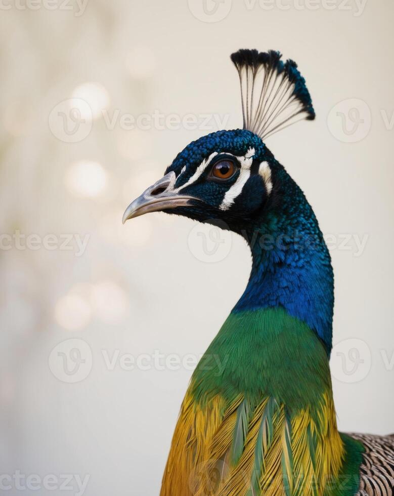 A close up of a peacock with bright colors photo