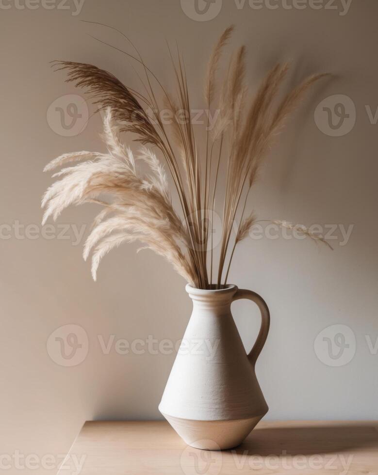 A white vase with some tall grass in it photo