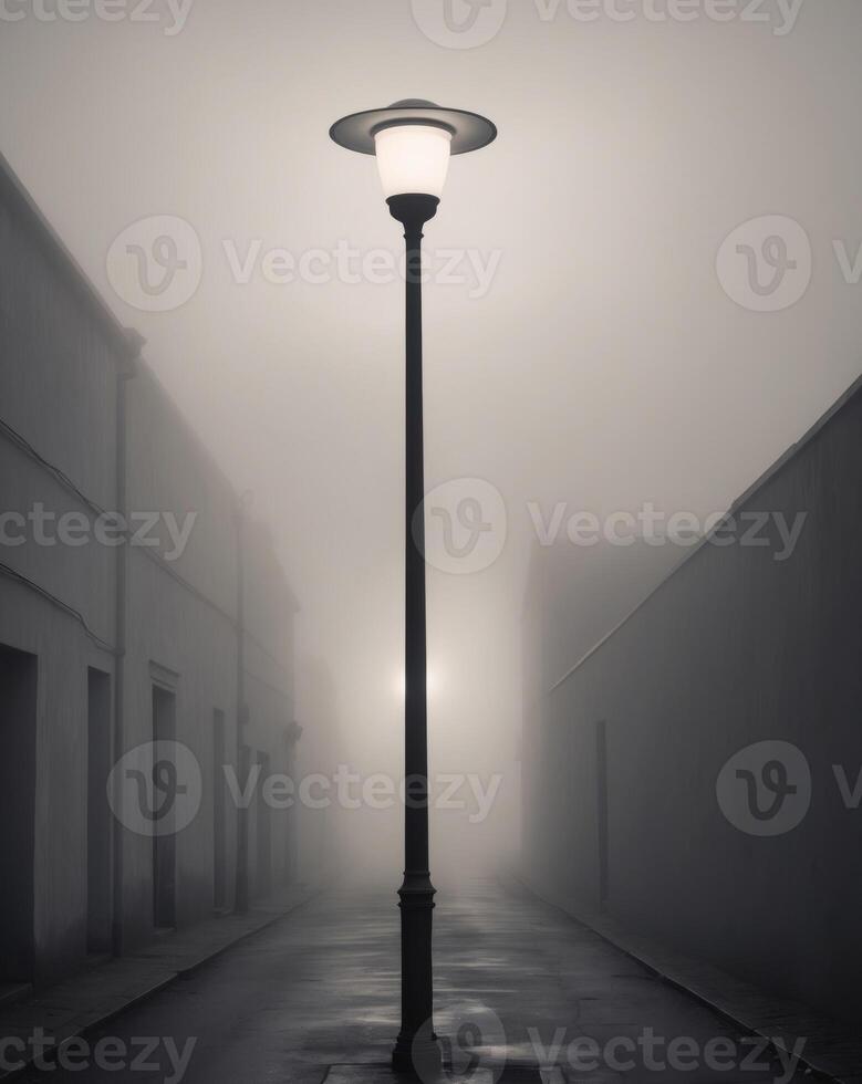 A street lamp is in the middle of a foggy street photo