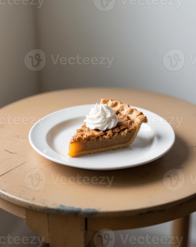 A slice of pie on a white plate on a wooden table photo