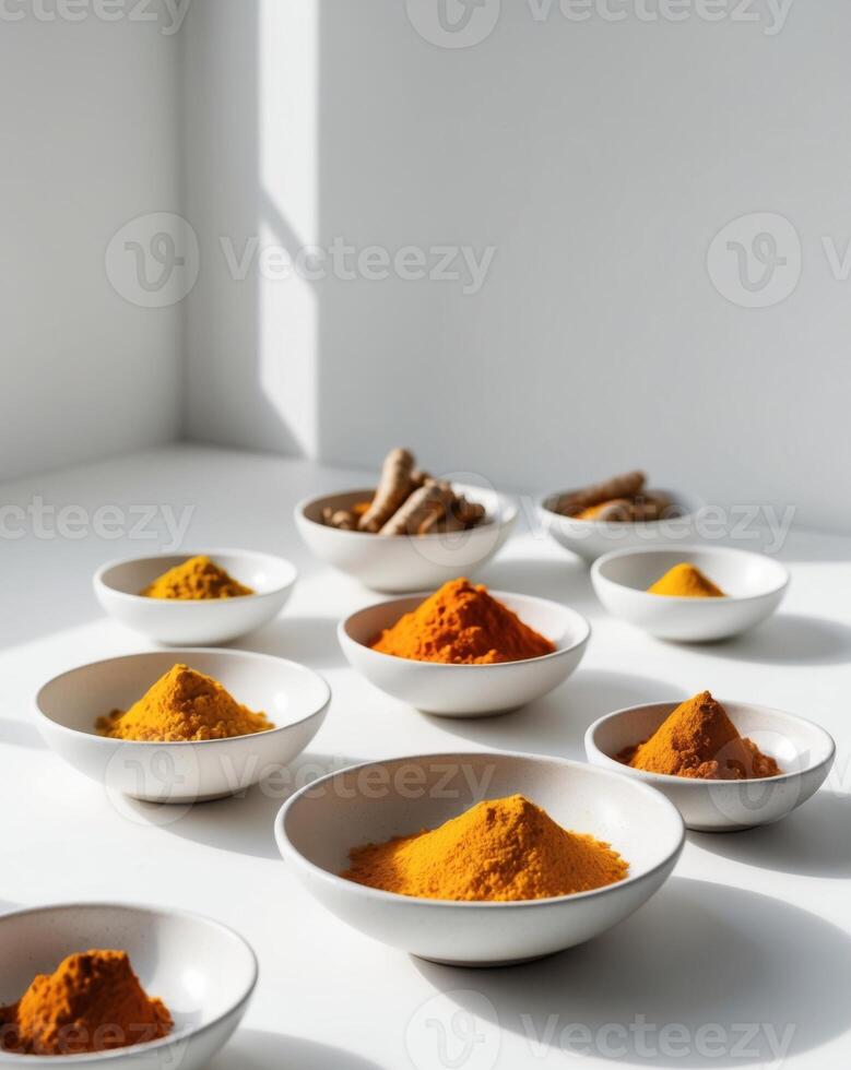 A variety of spices in bowls on a white table photo