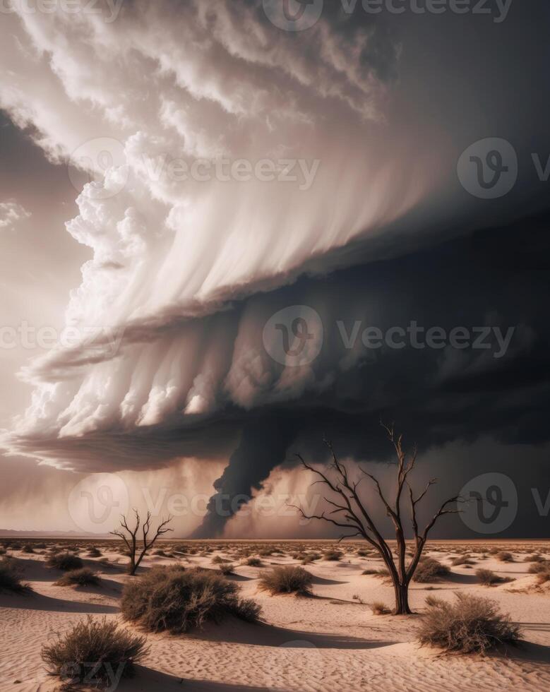 A storm is seen over the desert with a tree in the foreground photo