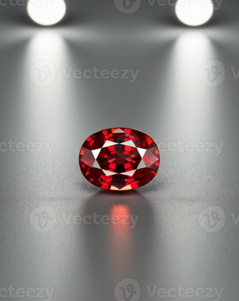 A red diamond on a table in front of three spotlight photo