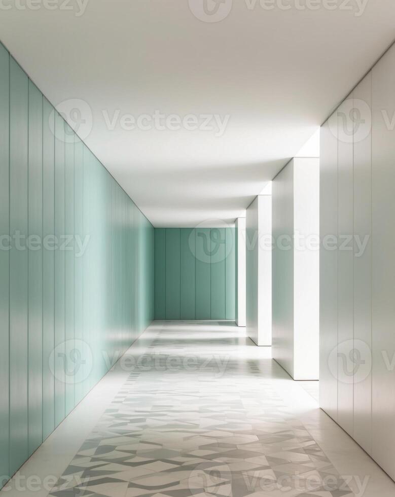 A long hallway with white walls and blue doors photo
