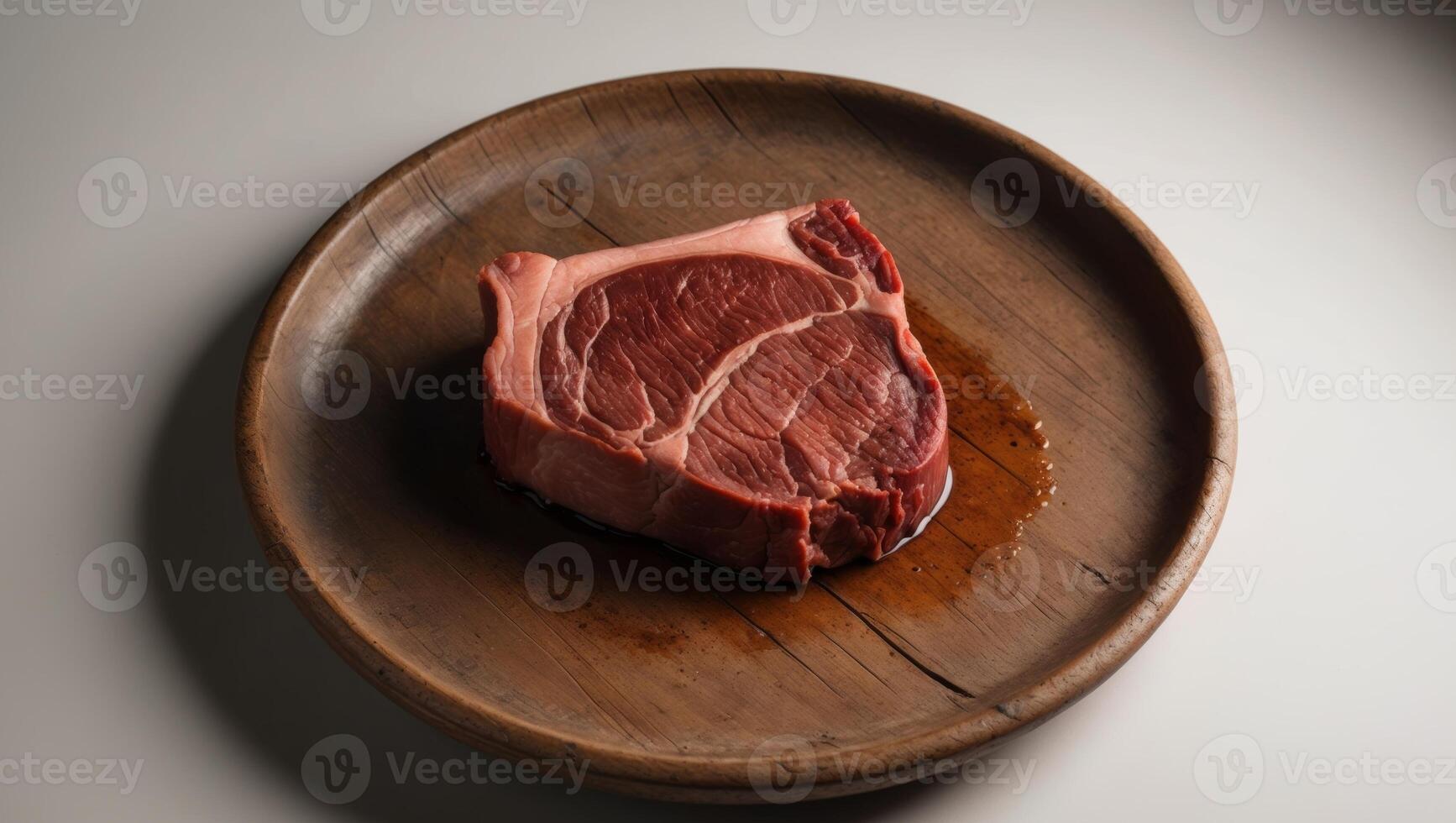 A piece of meat on a wooden plate photo