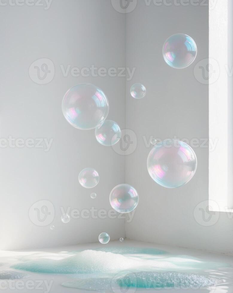 Bubbles floating in a white room with a window photo