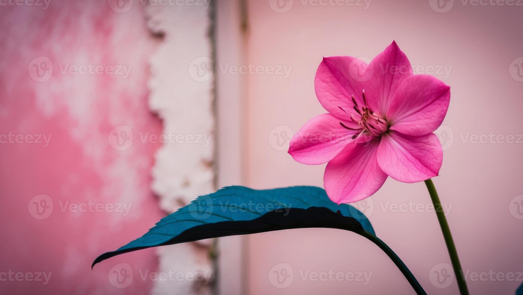 A pink flower is in front of a pink wall photo