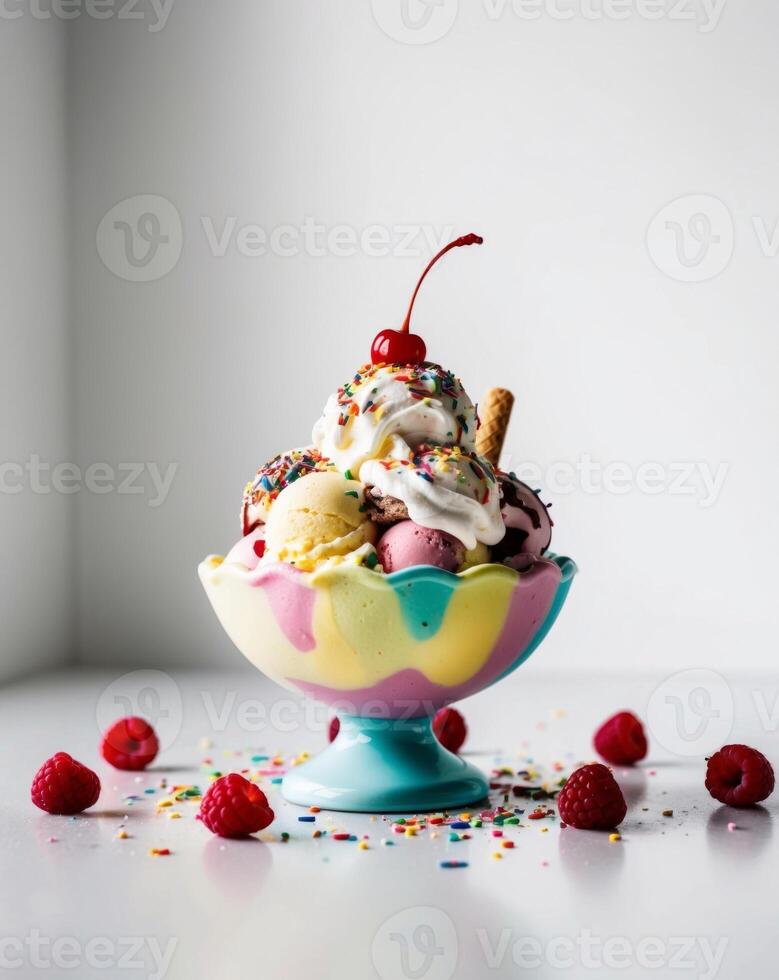 An ice cream sundae with rainbow sprinkles and cherries photo