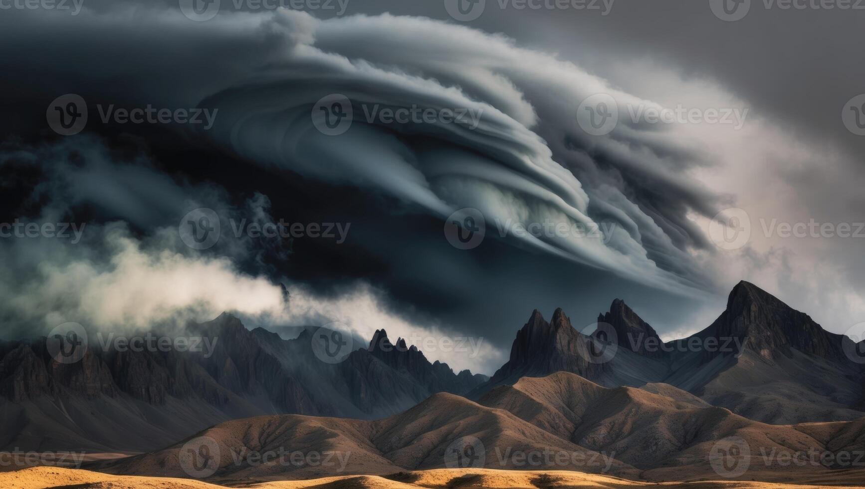 A stormy sky over mountains and a desert photo