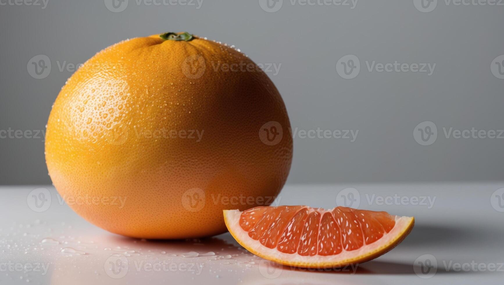A grapefruit and a half eaten orange on a white surface photo