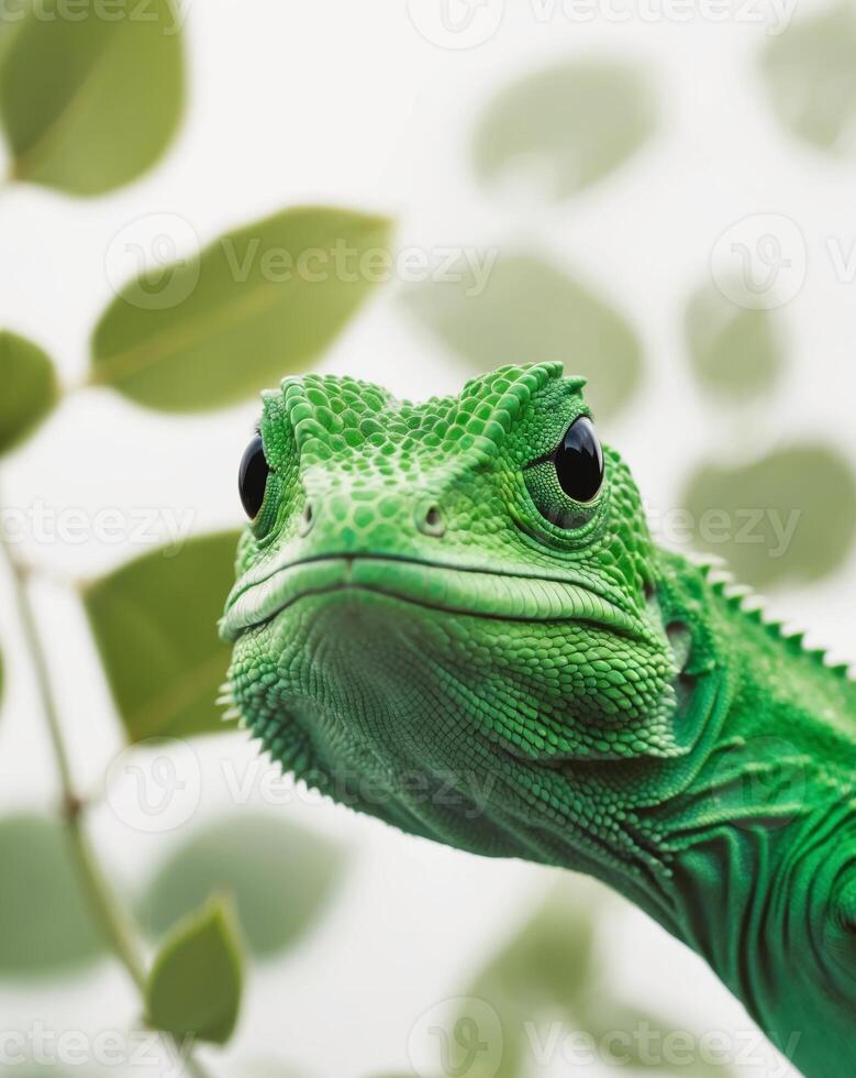 A green lizard with its head up and looking at the camera photo