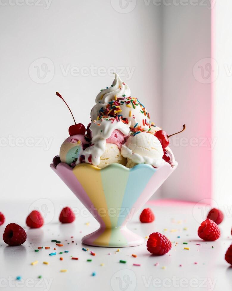 An ice cream sundae with sprinkles and raspberries photo