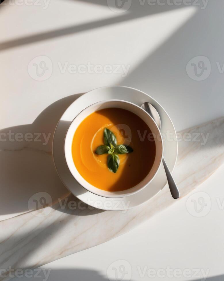 A bowl of soup on a white plate with a spoon photo