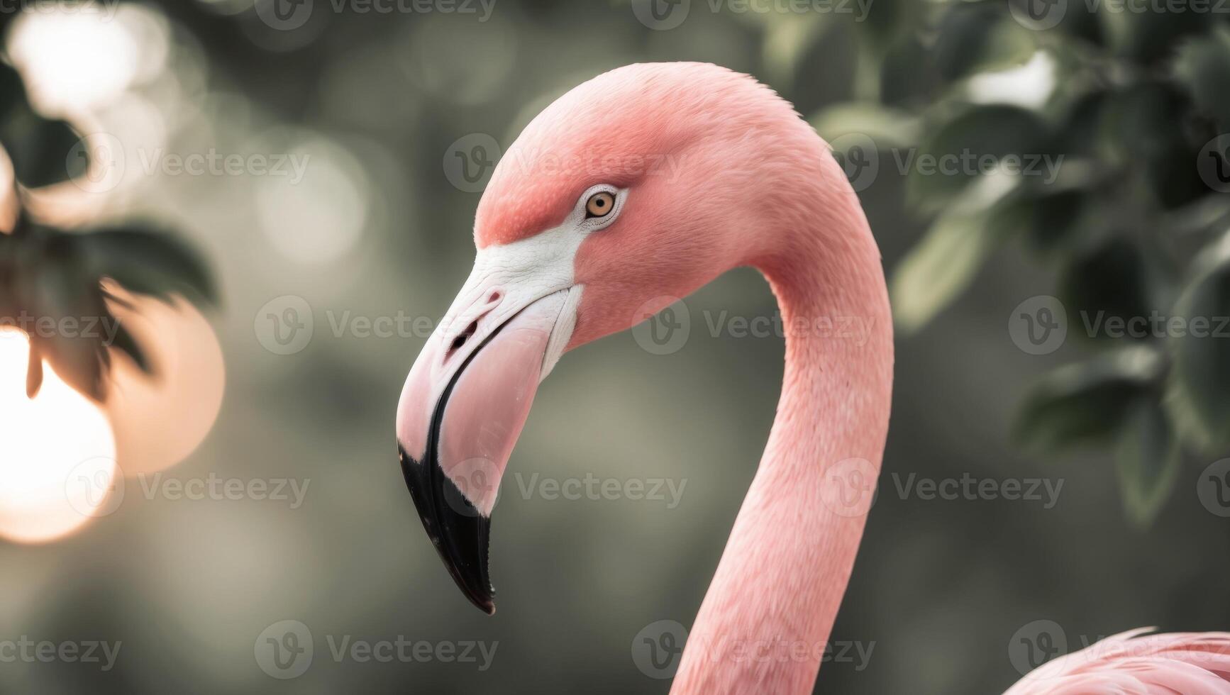 A close up of a pink flamingo with leaves in the background photo