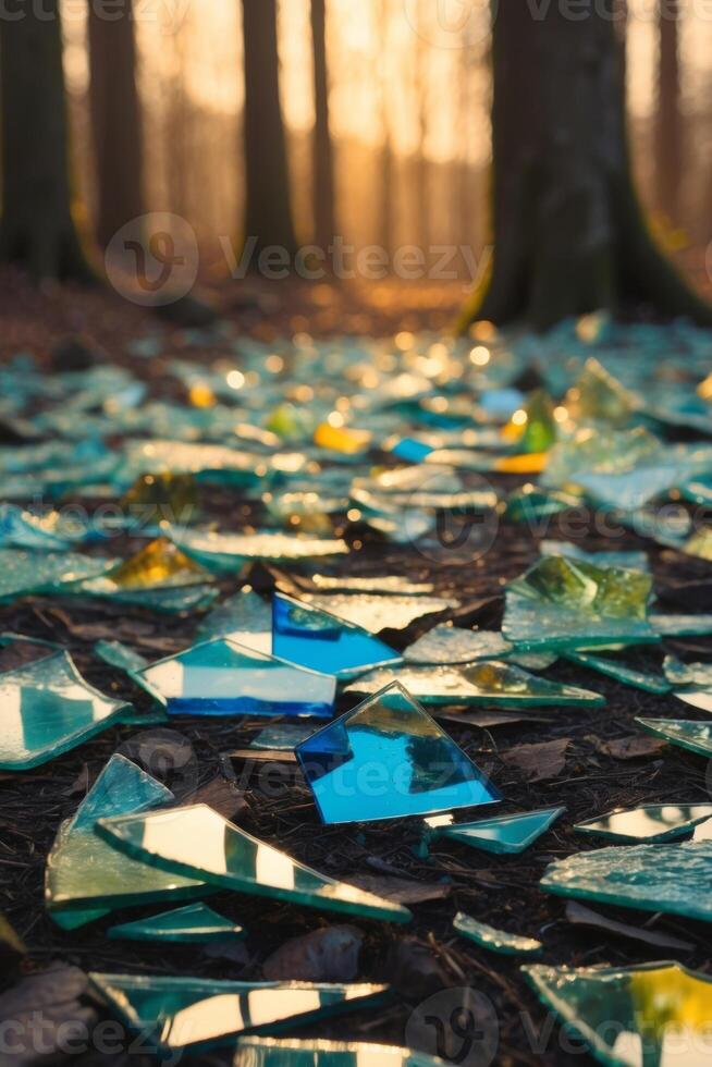 Broken glass scattered on the ground in a forest photo