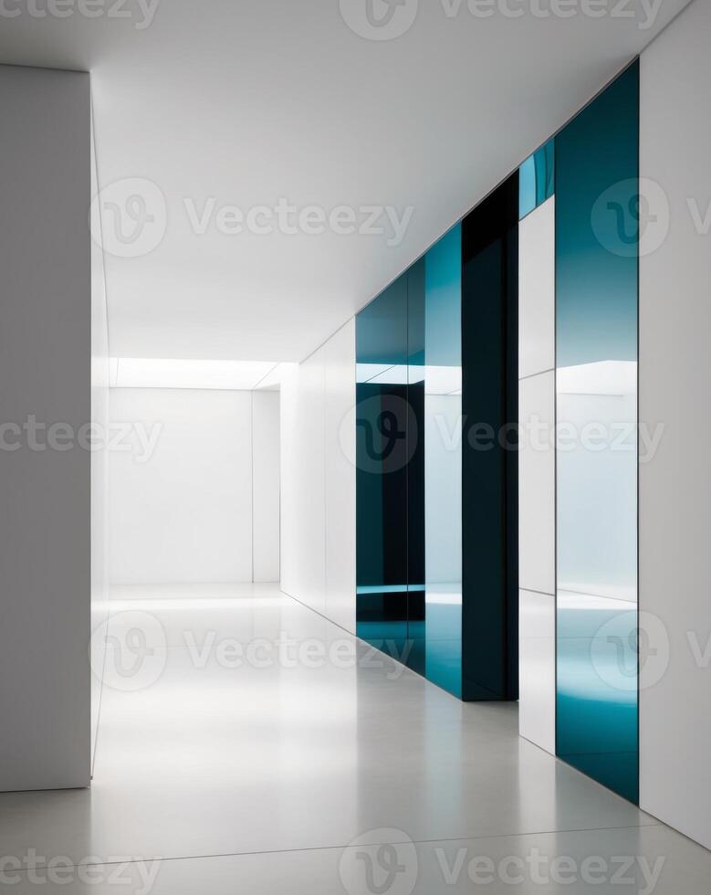 A white hallway with blue glass doors photo