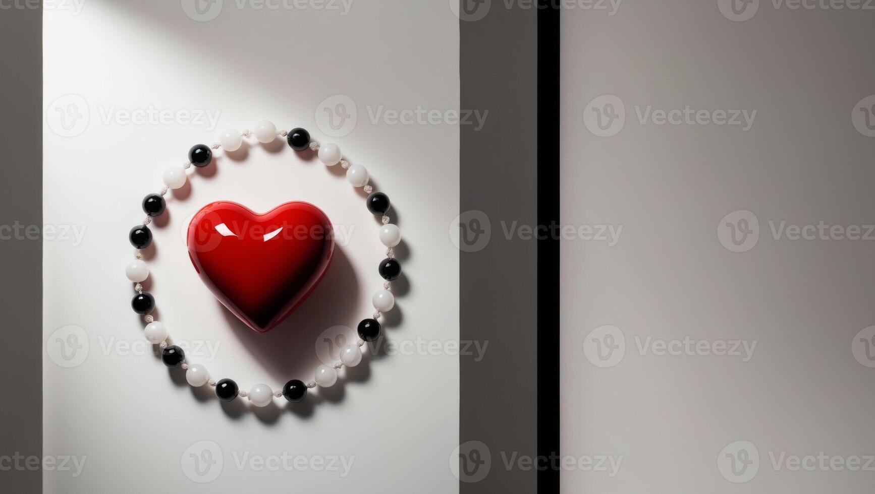 A red heart is on a white wall with black and white beads photo