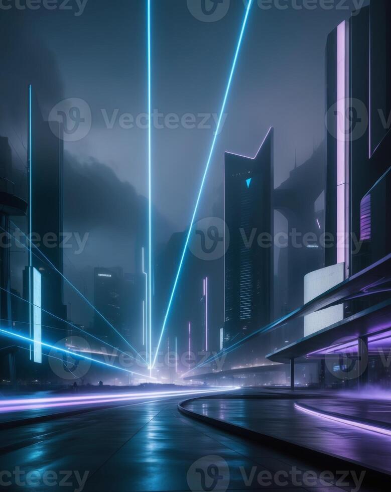 A futuristic city with neon lights and buildings photo