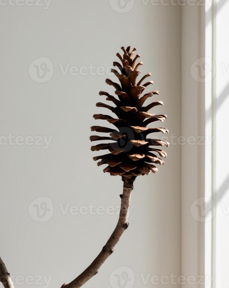 A pine cone on a branch in front of a window photo