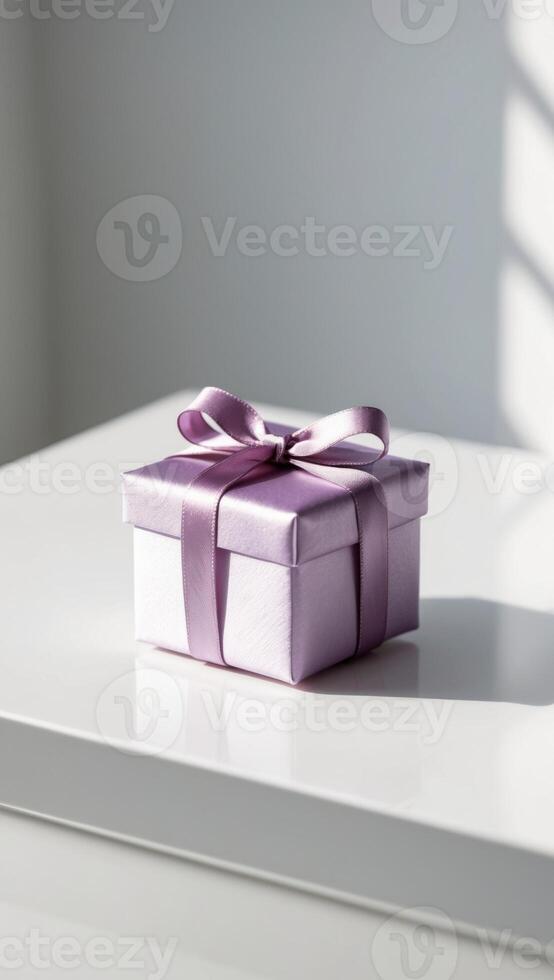 A purple gift box sitting on a white table photo