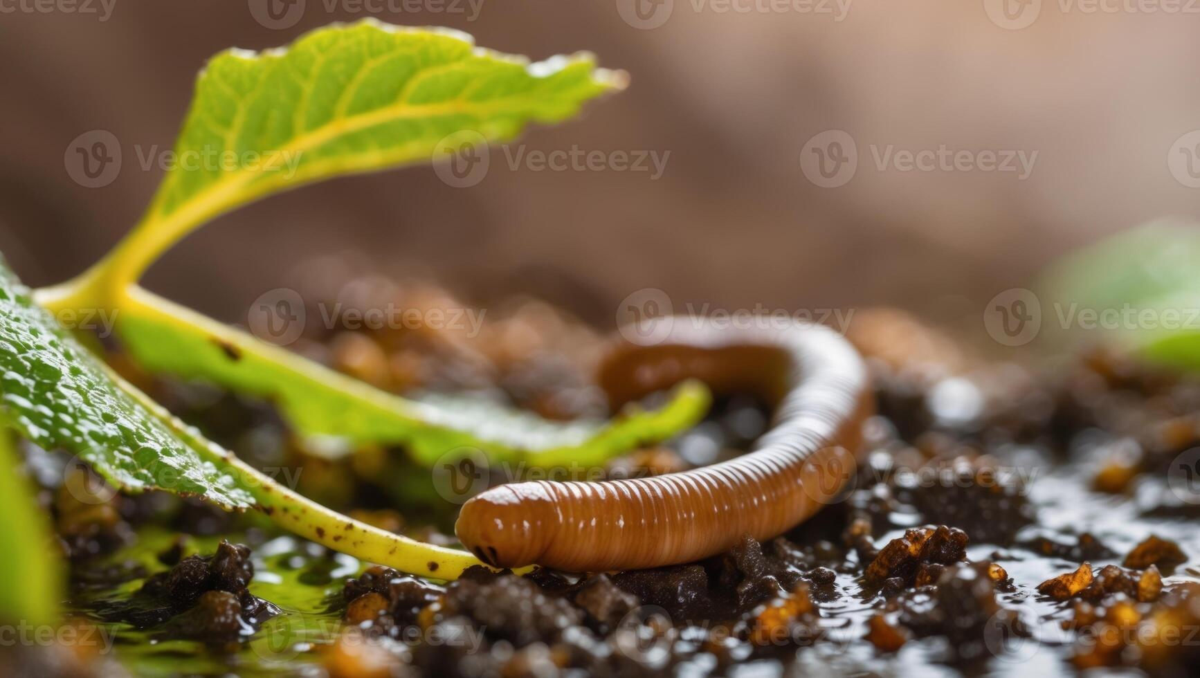 A worm crawling on the ground with leaves photo