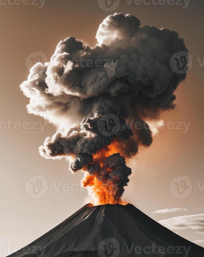 Volcano eruption with smoke and ash on the top of the mountain photo
