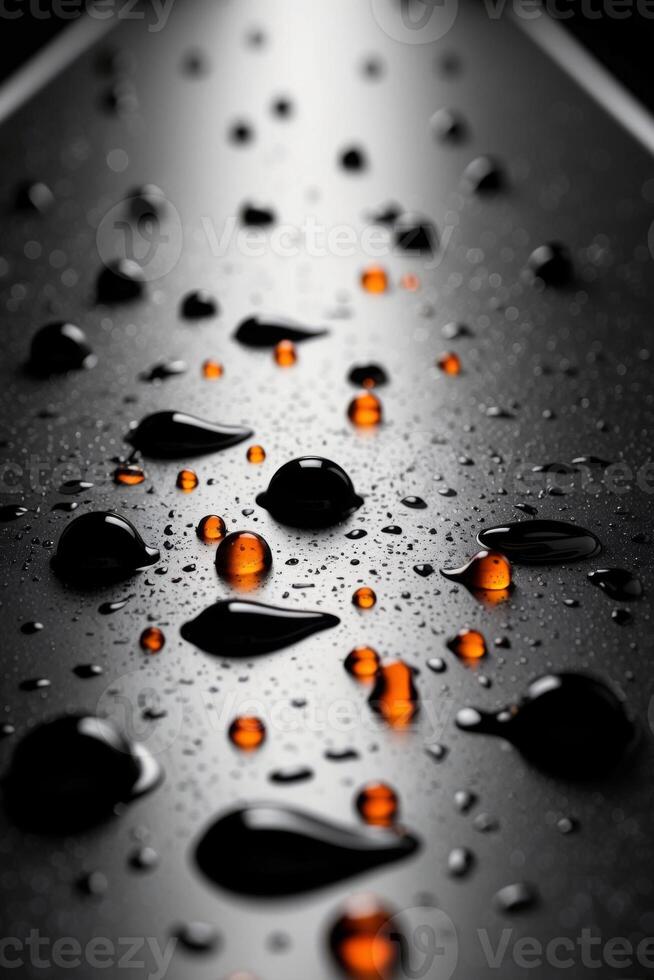 Water drops on a black surface with orange lights photo