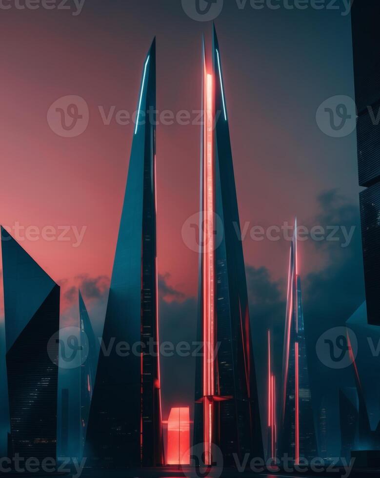 A futuristic city with skyscrapers and red lights photo