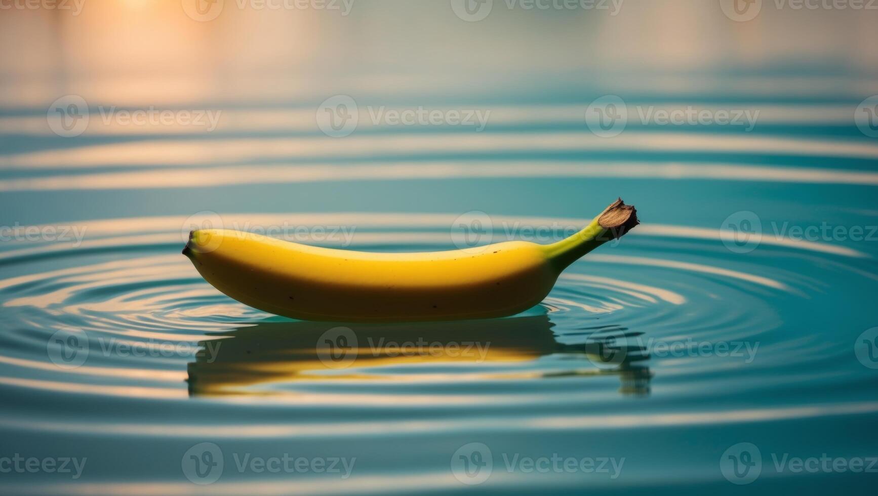 Banana floating in water with reflection of sun photo