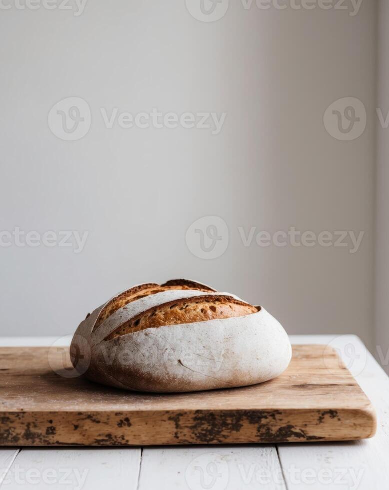 Freshly Baked Artisan Bread on a Wooden Board. photo