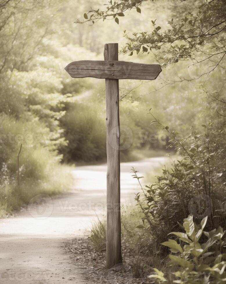 A wooden sign post on a dirt road in the woods photo