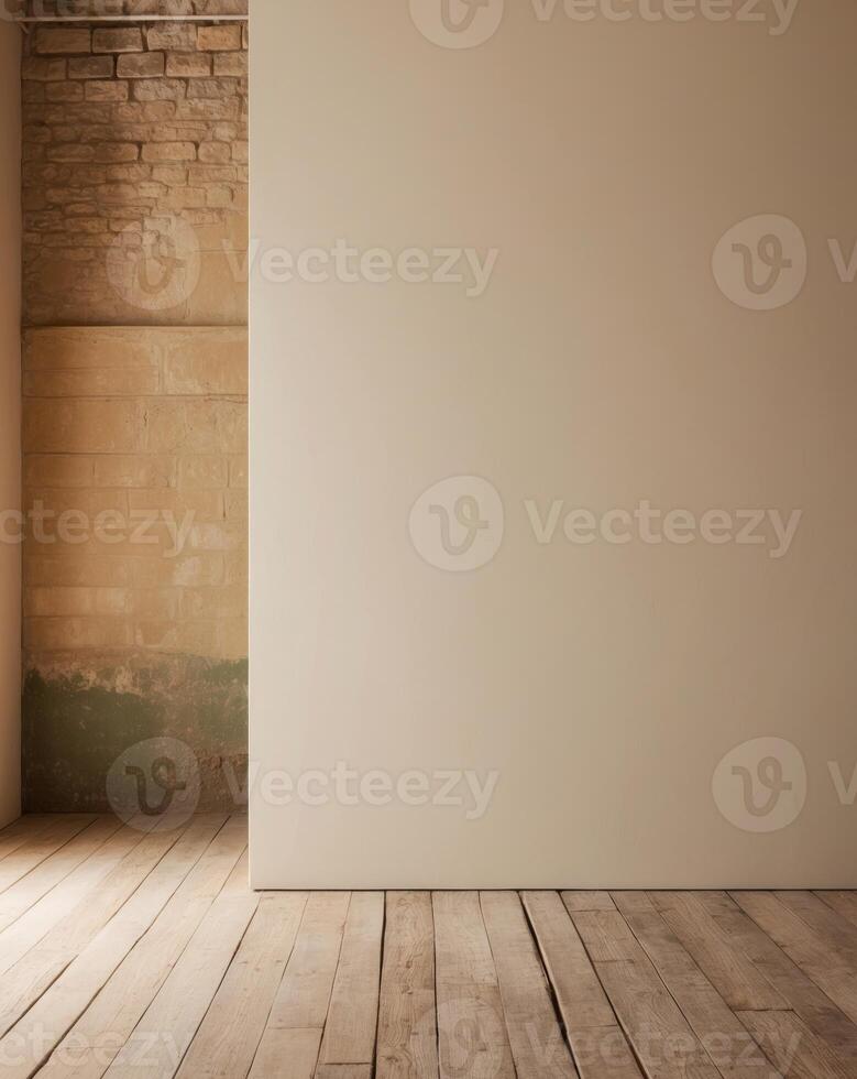 Empty room with wooden floor and brick wall photo