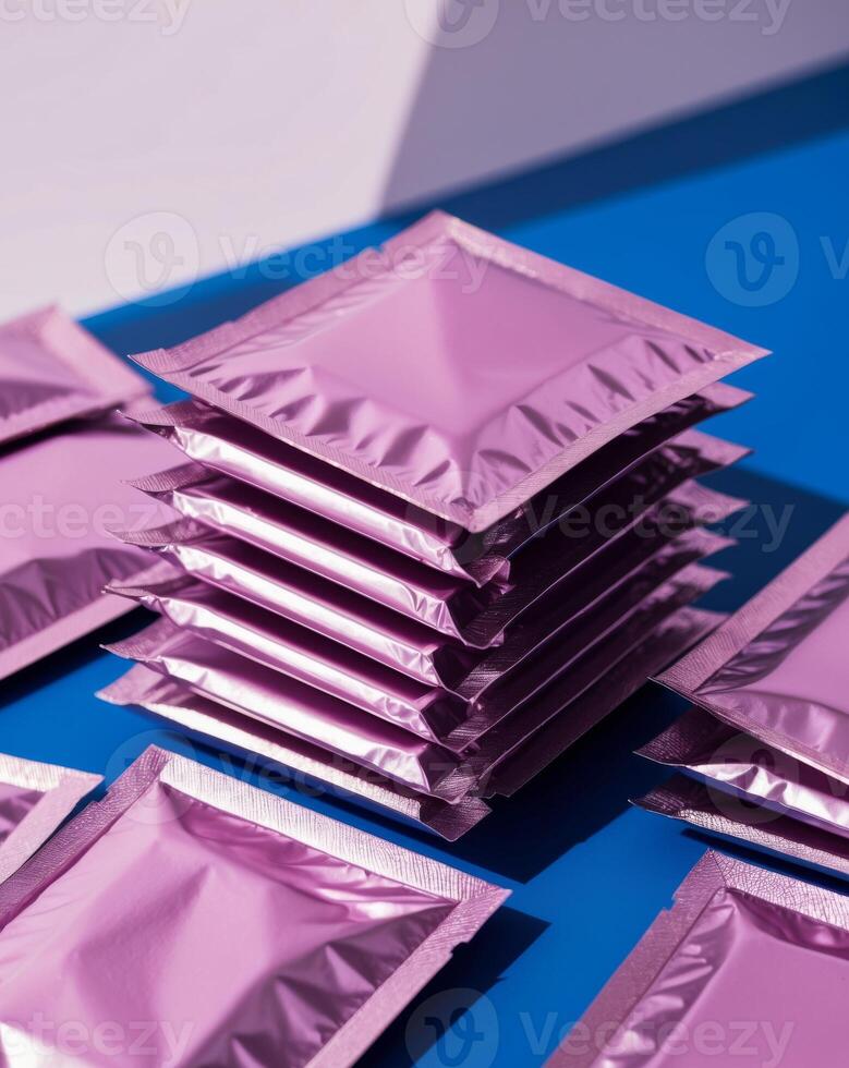 Stack of Individual Pink Foil Packets on a Blue Background. photo