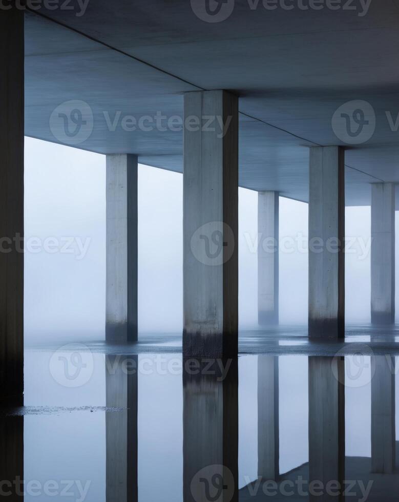 Misty underground parking structure with concrete pillars and water reflections at dawn. photo